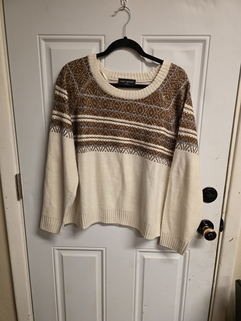 Lane Bryant Cream and Brown Fair Isle Crewneck Sweater